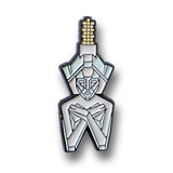Pin of geometric statue with a white background