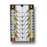 Rectangular stained glass designed pin with geometric pattern on a white background