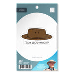 Packaging of a sticker with a hat design, featuring Frank Lloyd Wright's iconic hat.
