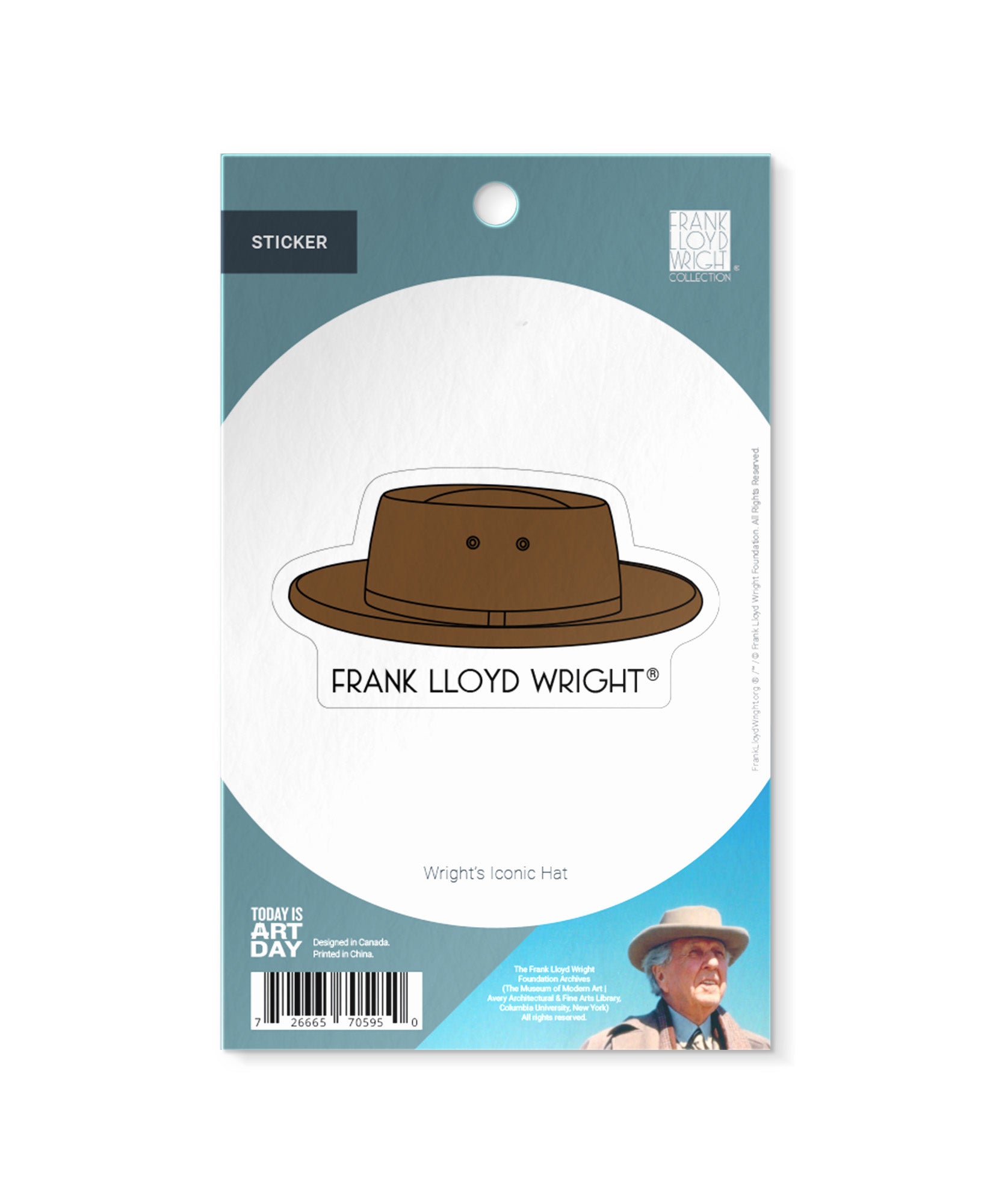 Packaging of a sticker with a hat design, featuring Frank Lloyd Wright's iconic hat.