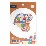 Packaged sticker with colorful geometric design on a white background