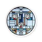 Stained glass design with a cross and flowers on a white background