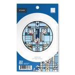 Packaged sticker with art glass window design on a blue background