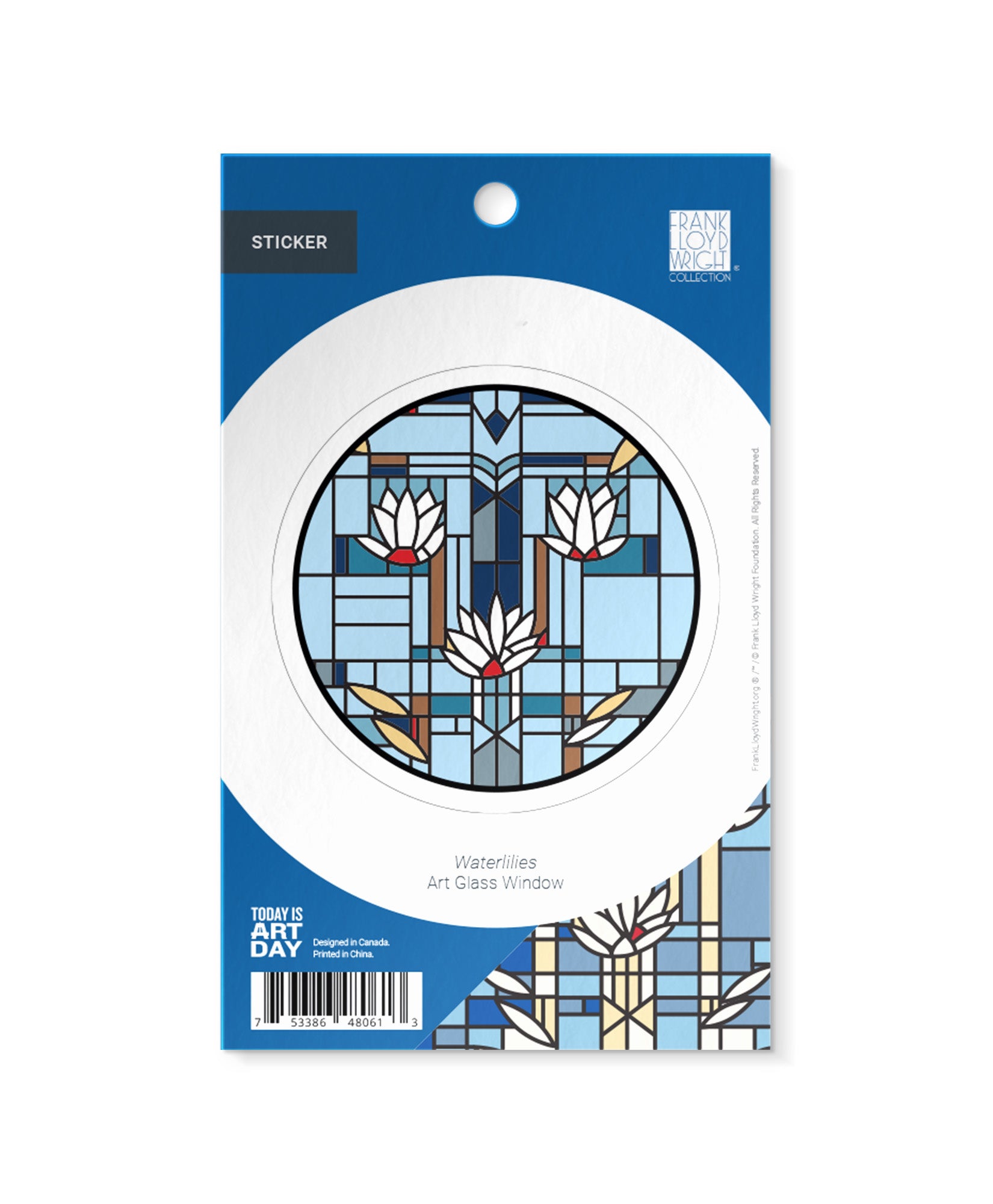 Packaged sticker with art glass window design on a blue background
