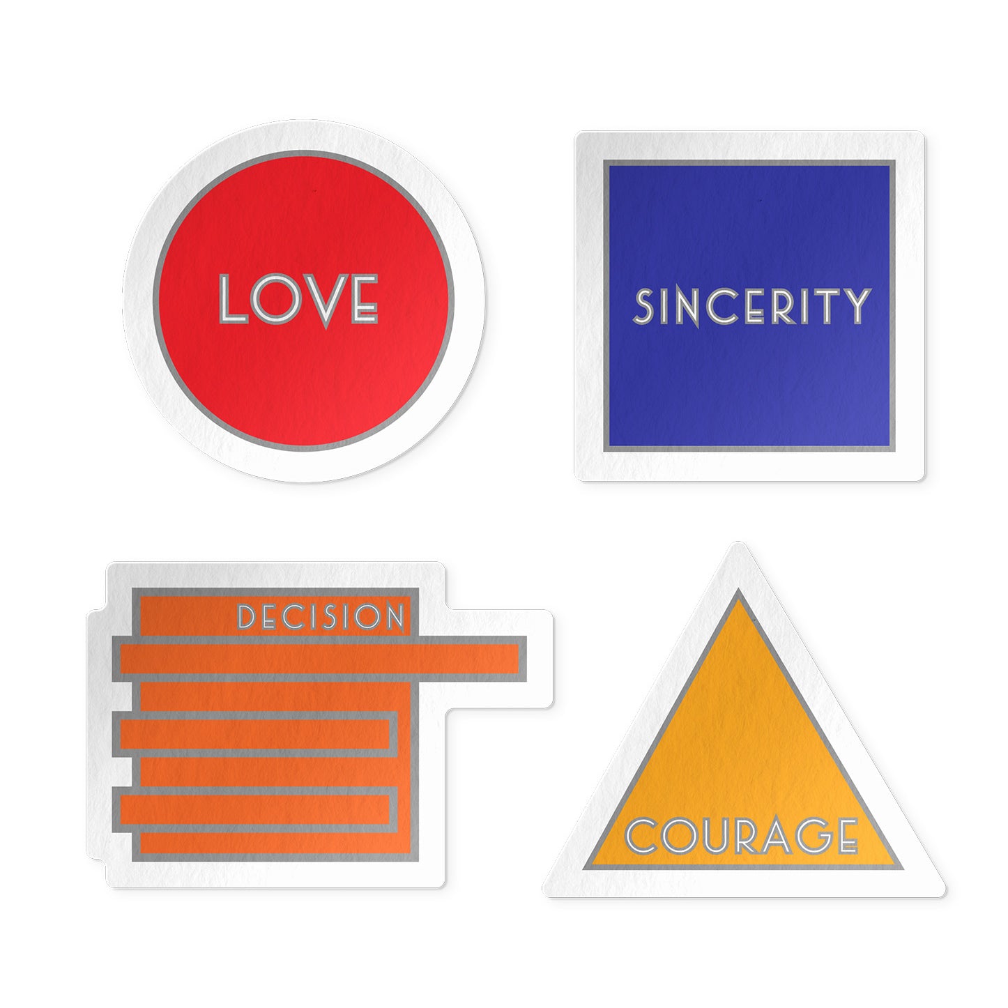 Four motivational stickers with 'LOVE', 'SINCERITY', 'DECISION', and 'COURAGE' on a white background.