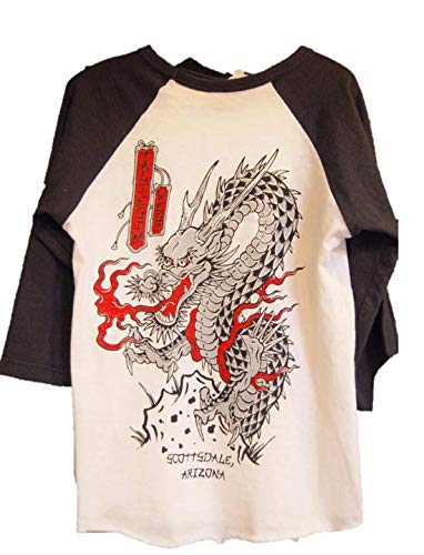 Image shows back of shirt with dragon.