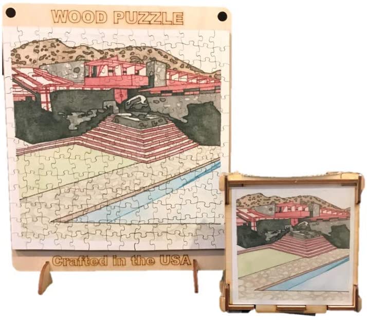 Taliesin West Wood Puzzle, completed puzzle shown with top of puzzle box.
