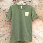Image shows front of T-shirt with off-white Whirling Arrow on left.