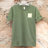 Image shows front of T-shirt with off-white Whirling Arrow on left.