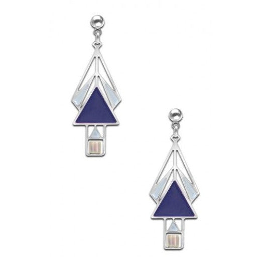 Mahony Window Earrings, navy and light blue enamel accents with clear beads