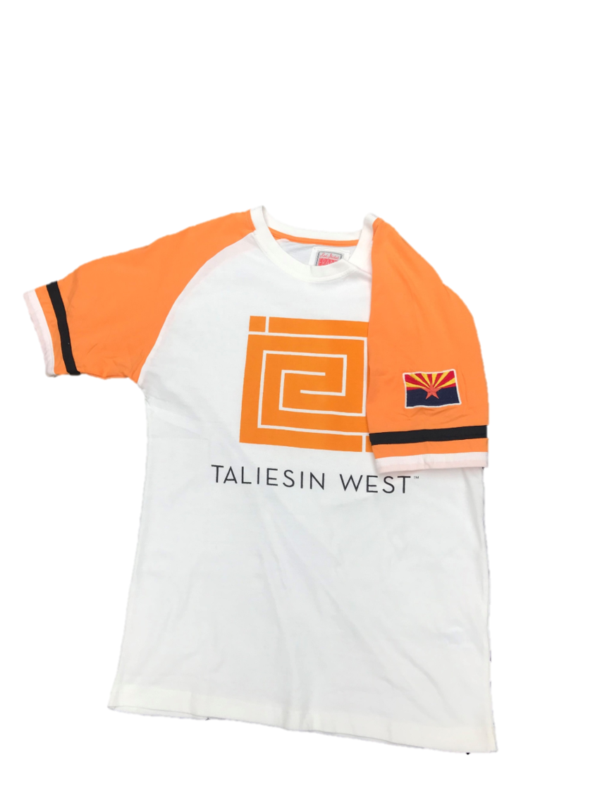 Taliesin West Short Sleeve Raglan Tee Shirt, front, with Arizona state flag patch on left sleeve