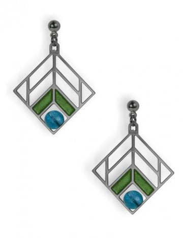 Walser Chevron Design  Earrings, green enamel with blue beads 
