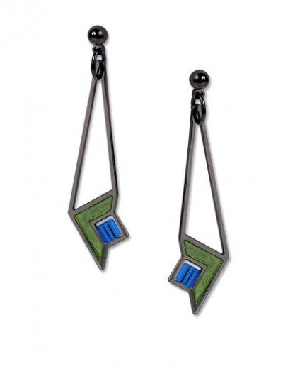 Dana Thomas Art Glass Earrings, green enamel accent with blue beads