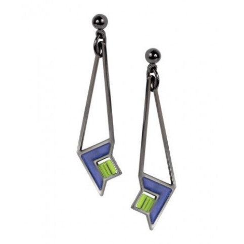 Dana Thomas Art Glass Earrings, blue enamel accent with green beads