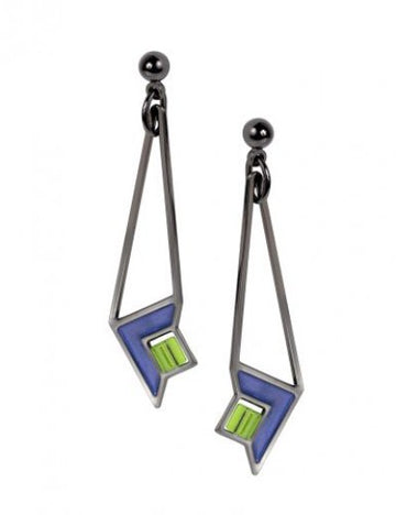 Dana Thomas Art Glass Earrings, blue enamel accent with green beads