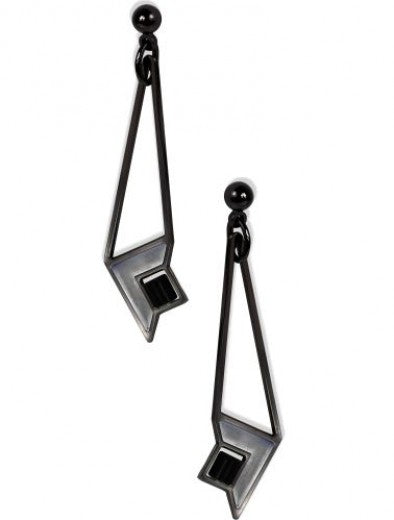 Dana Thomas Art Glass Earrings, chrome silver enamel accent with black beads