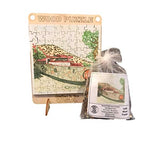 Taliesin West Moon Gate Wood Puzzle, completed puzzle shown with bag and puzzle pieces.