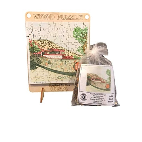 Taliesin West Moon Gate Wood Puzzle, completed puzzle shown with bag and puzzle pieces.