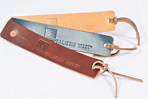 Taliesin West Leather Bookmark, shown in Saddle, Ocean, and Buckskin.