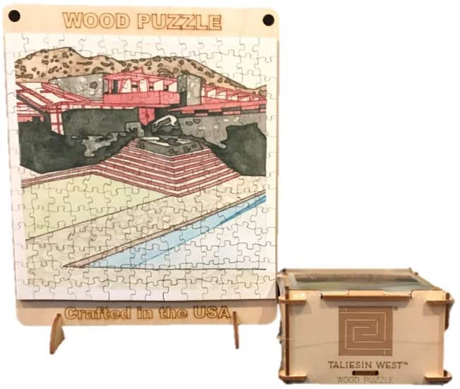 Taliesin West Wood Puzzle, completed puzzle shown with side of puzzle box.