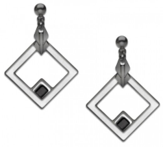 May House Earrings, Chrome enamel with black beads
