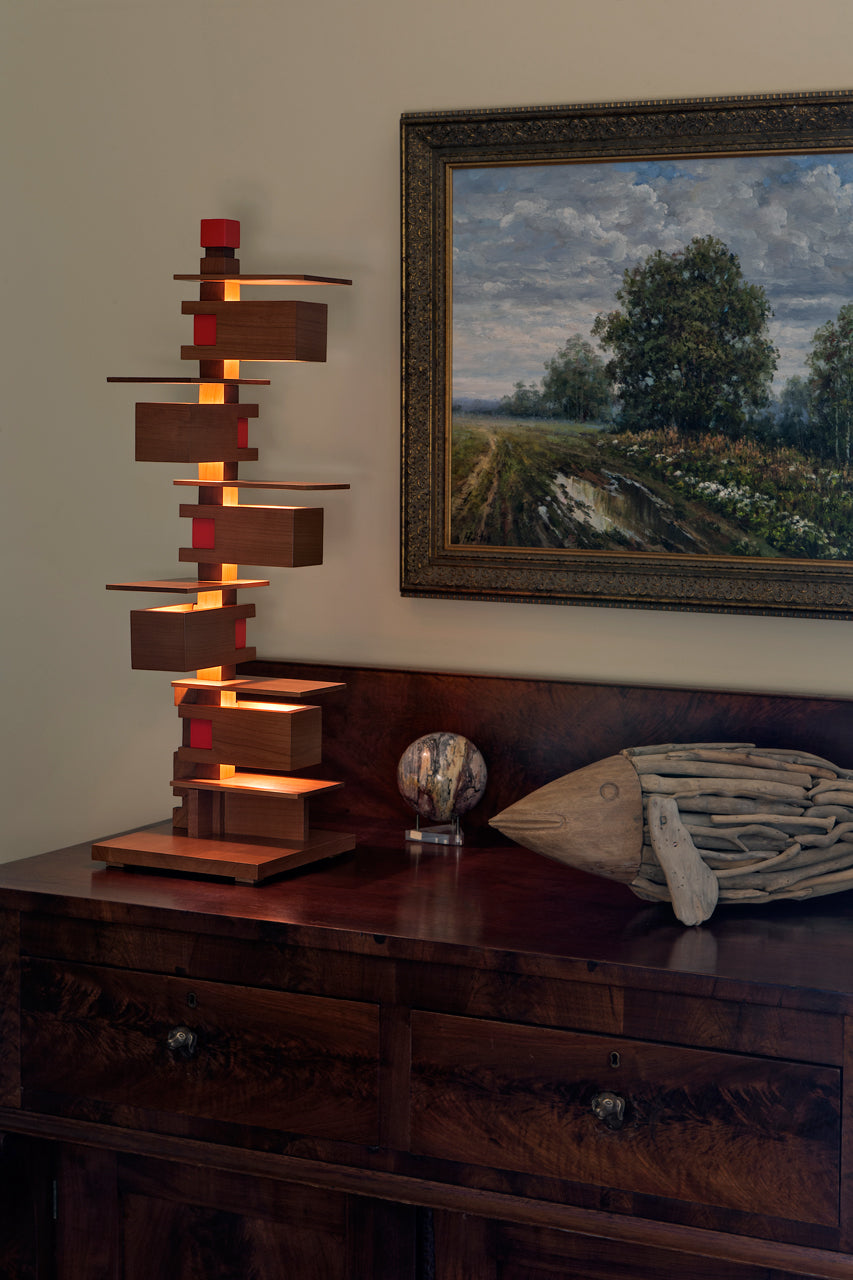 Taliesin 3 Lamp, cherry stain, in home setting