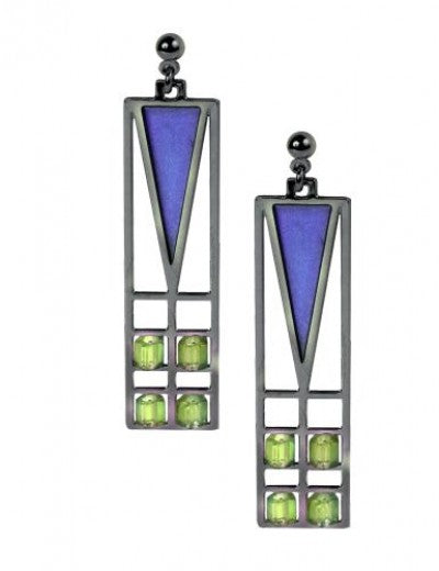 Frank Thomas House Light Screen Earrings, blue enamel accent with green beads