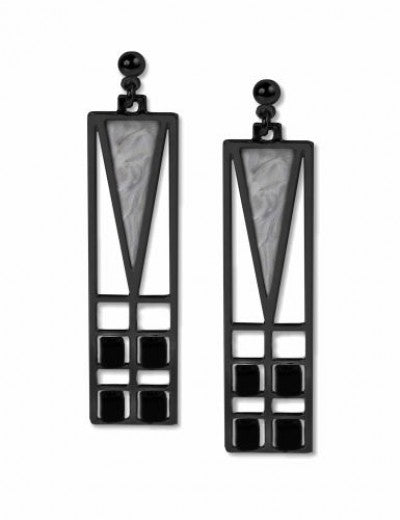 Frank Thomas House Light Screen Earrings, chrome silver enamel accent with black beads